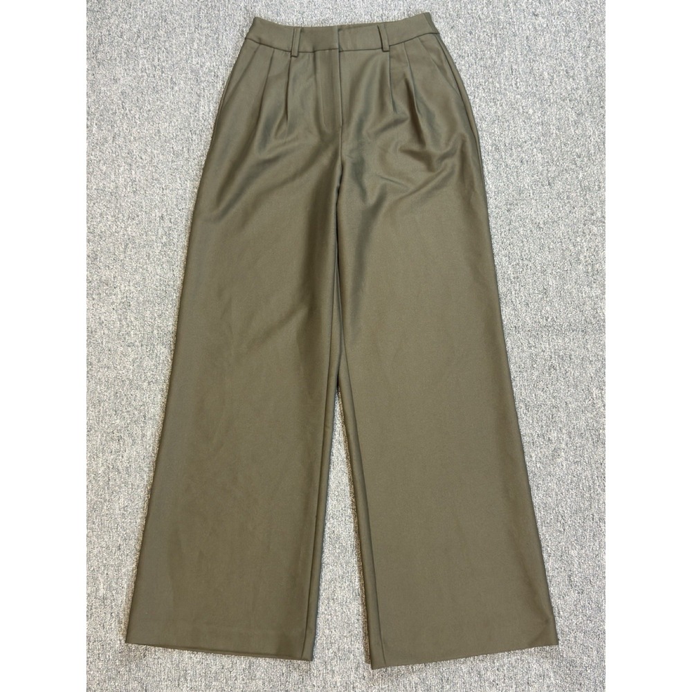 Commense Women's Olive High Rise Pleated Loose Straight Trousers Pants Size XS